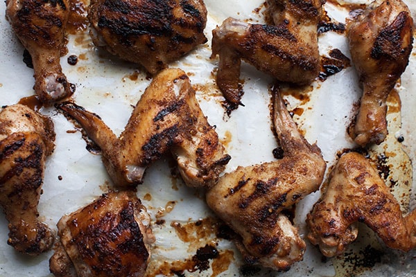 Chicken on a baking sheet. 