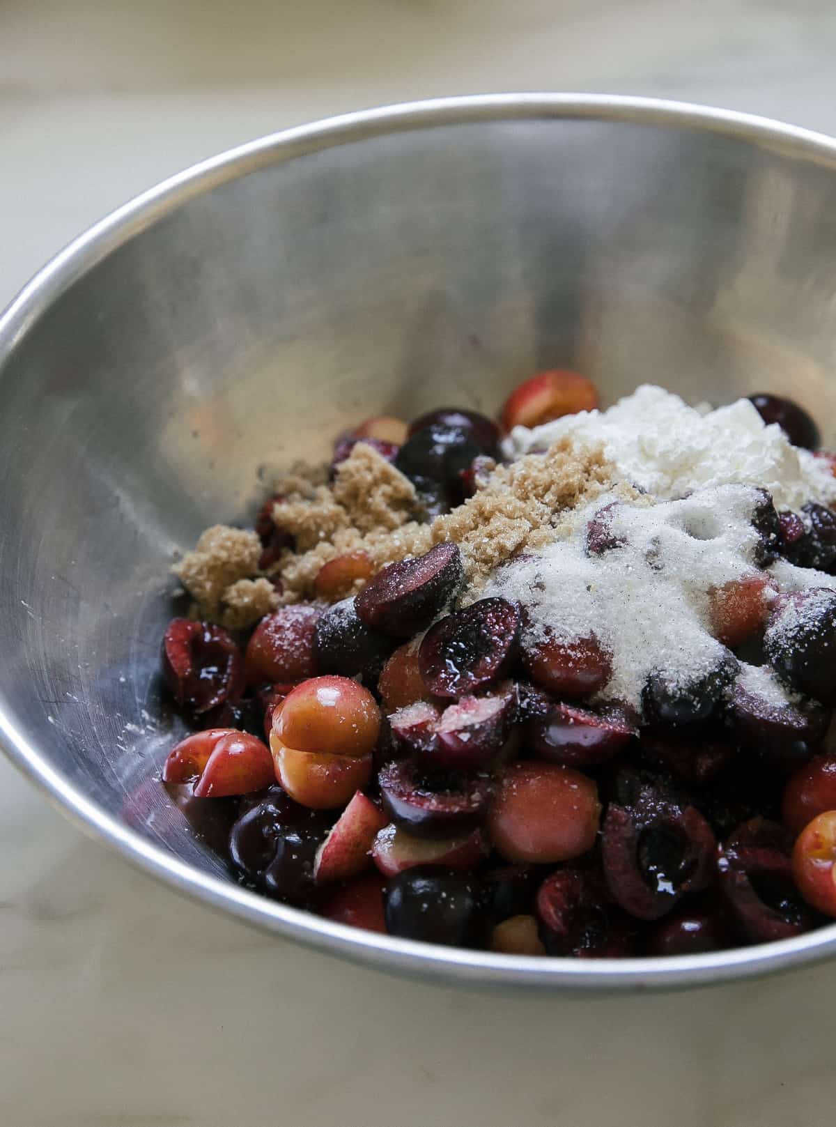 Cherry pie filling ingredients in a bowl.