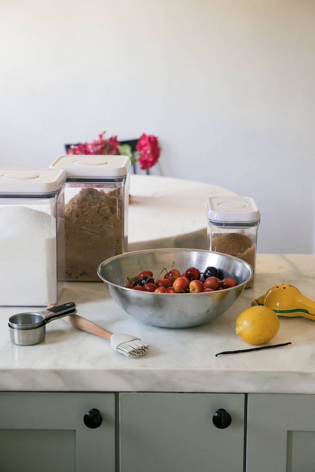 Cherry pie filling ingredients on a counter.