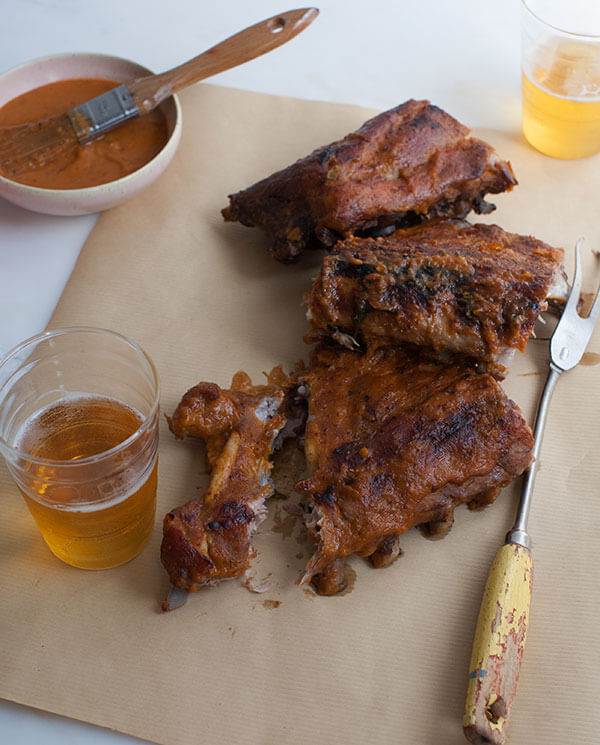 Oven Baked Ribs with Peach Bourbon BBQ Sauce