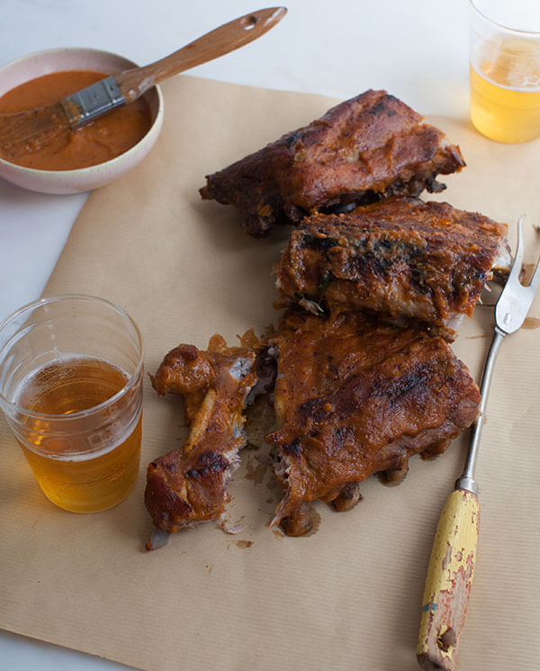Oven Ribs with Peach Bourbon BBQ Sauce
