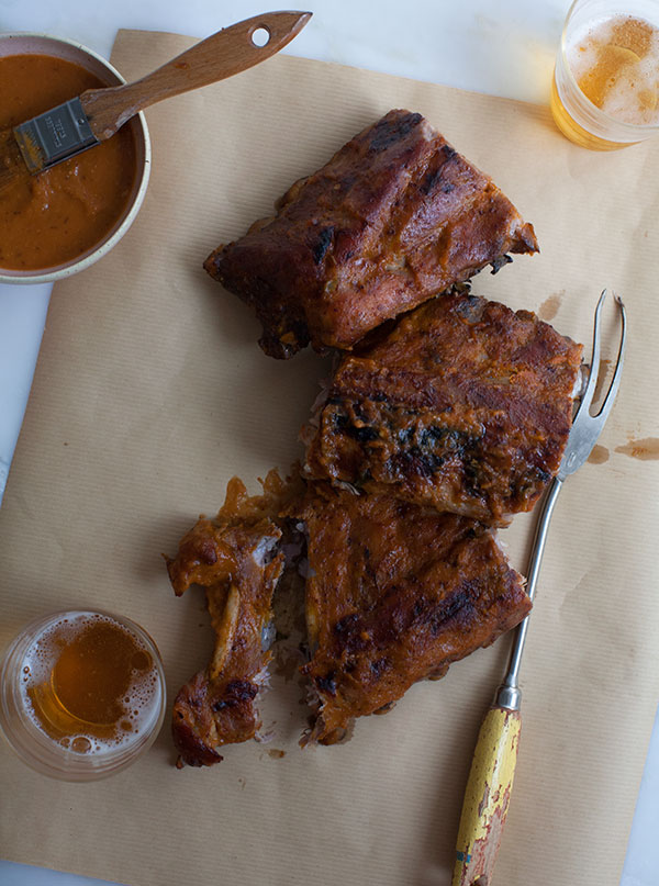 Oven Ribs with Peach Bourbon BBQ Sauce