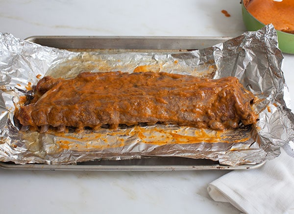 Oven Ribs with Peach Bourbon BBQ Sauce