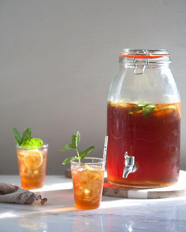 Sweet Tea Recipe in glasses with the pitcher. 