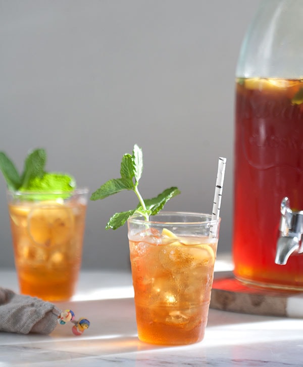 Sweet Tea Recipe in glasses with the pitcher. 