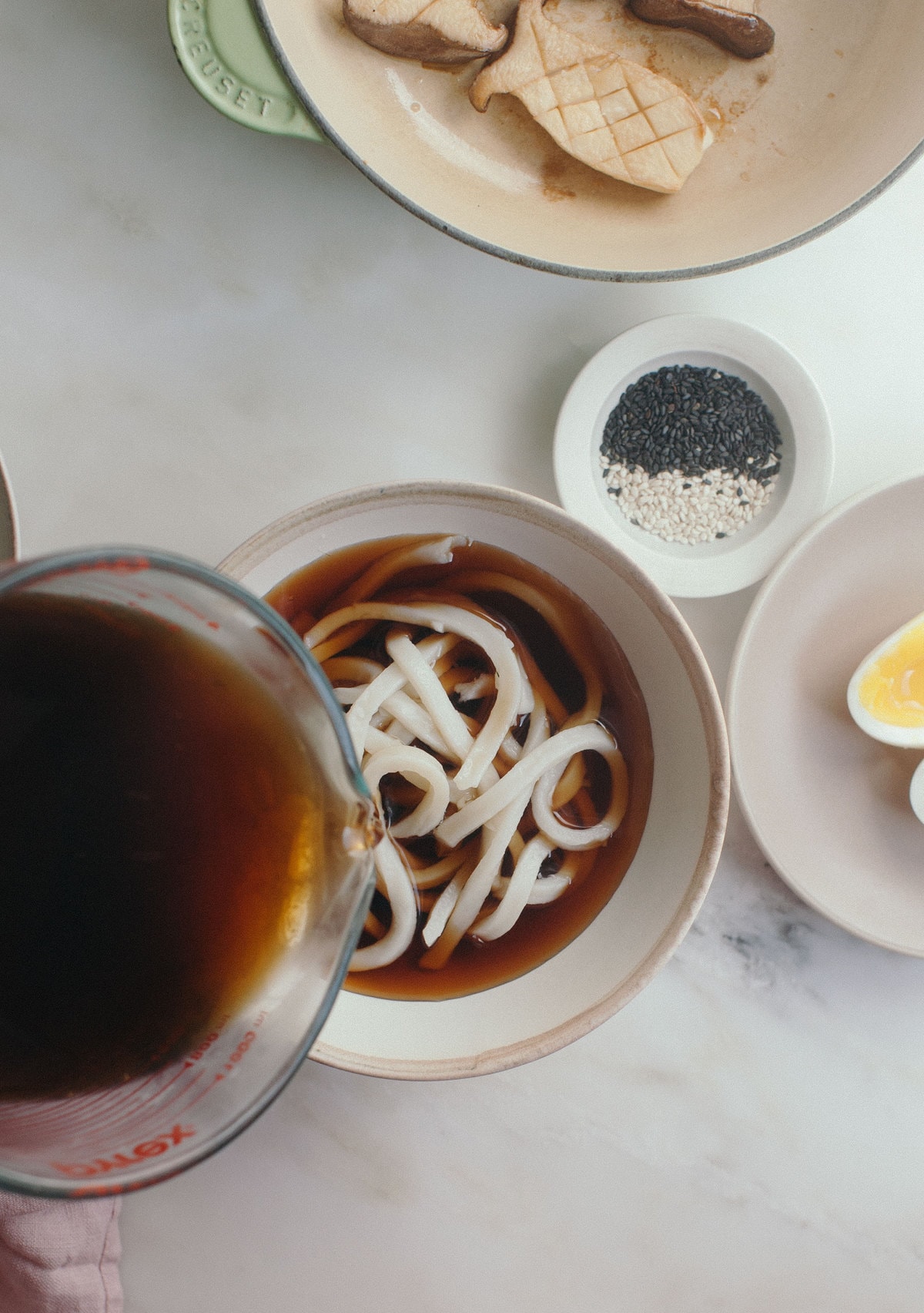 Cold Udon Noodles in a Soy Broth with King Mushrooms