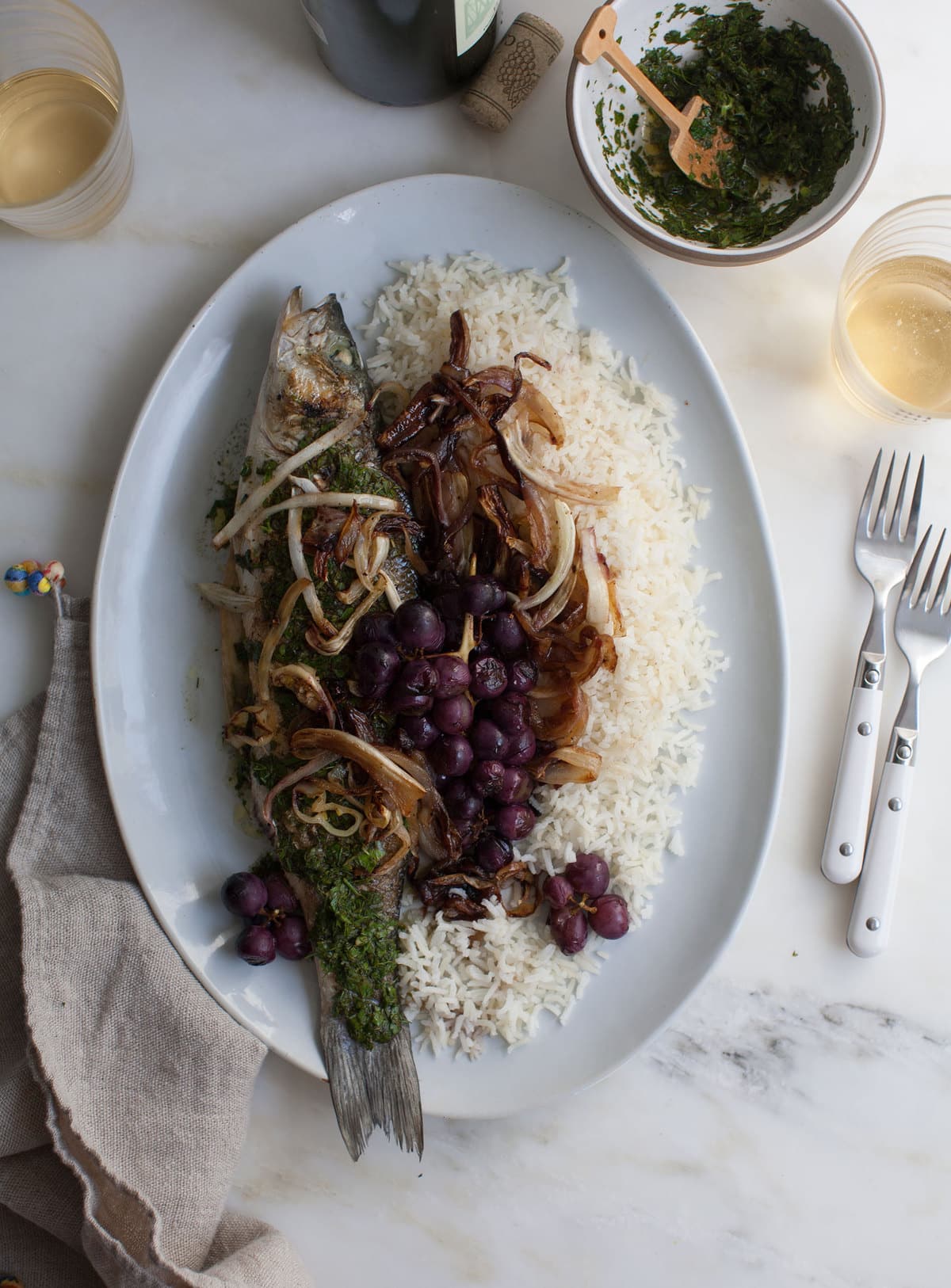 Branzino with Grapes Fennel and Charred Salsa Verde