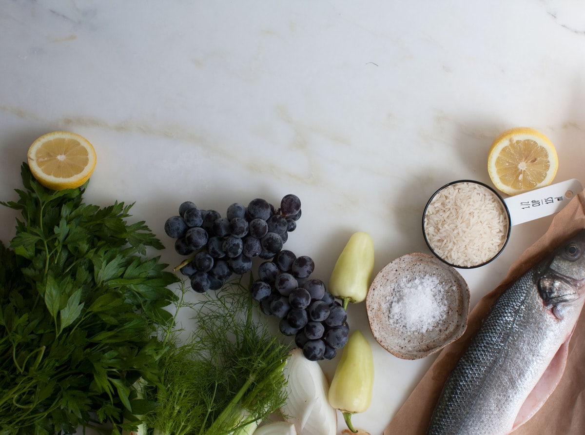 Branzino with Fennel and Grapes and Charred Salsa Verde