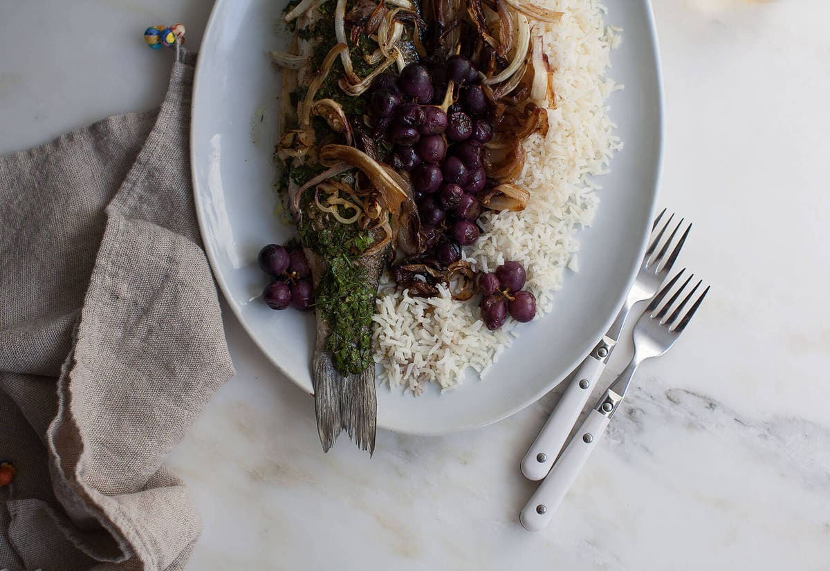 Branzino with Fennel and Grapes and Charred Salsa Verde