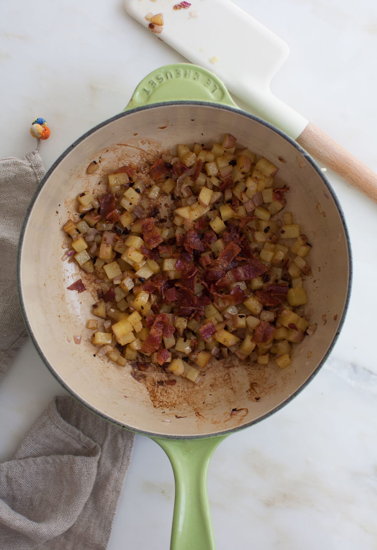 Potato filling in saucepan. 