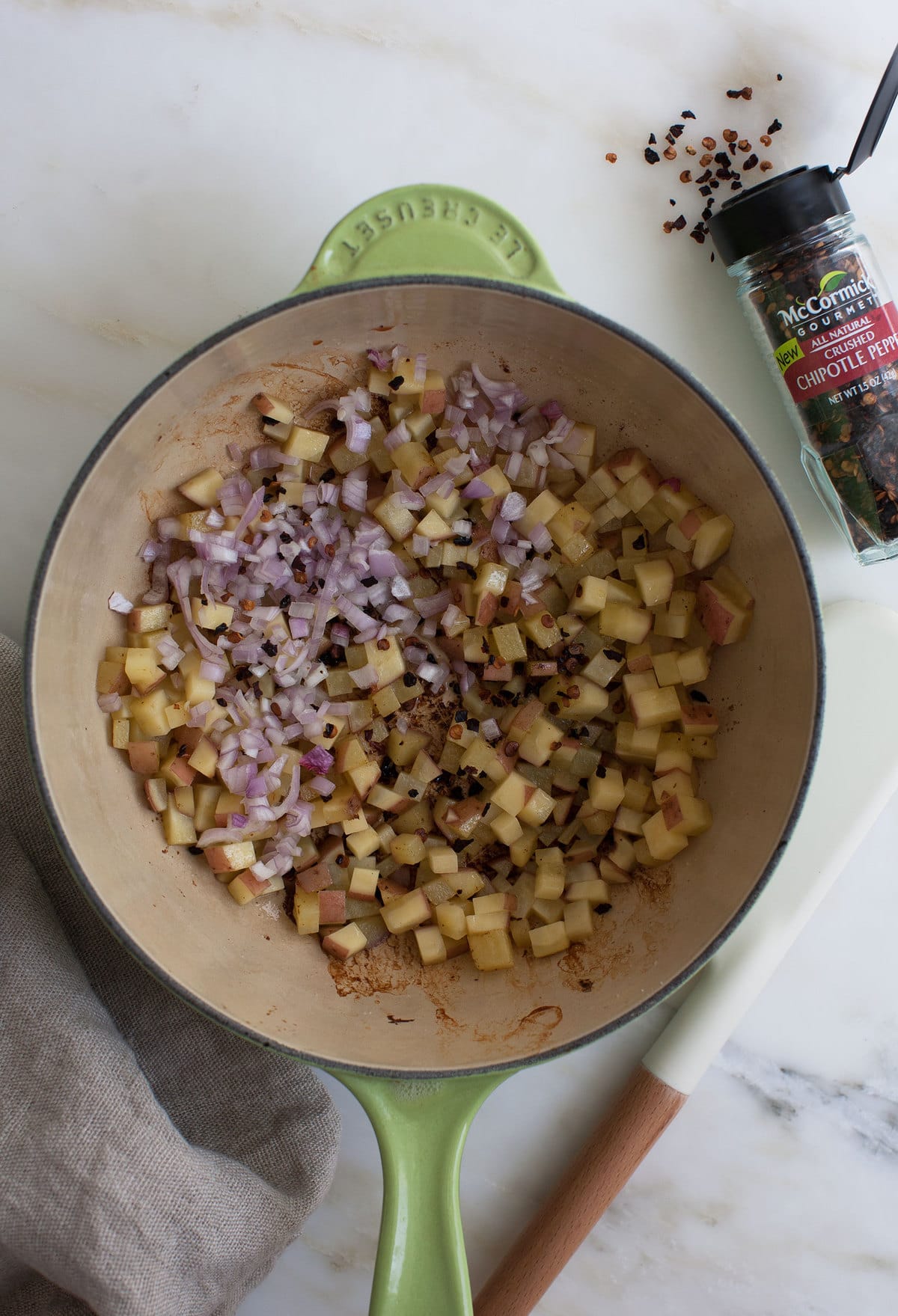 Potatoes in a pan. 