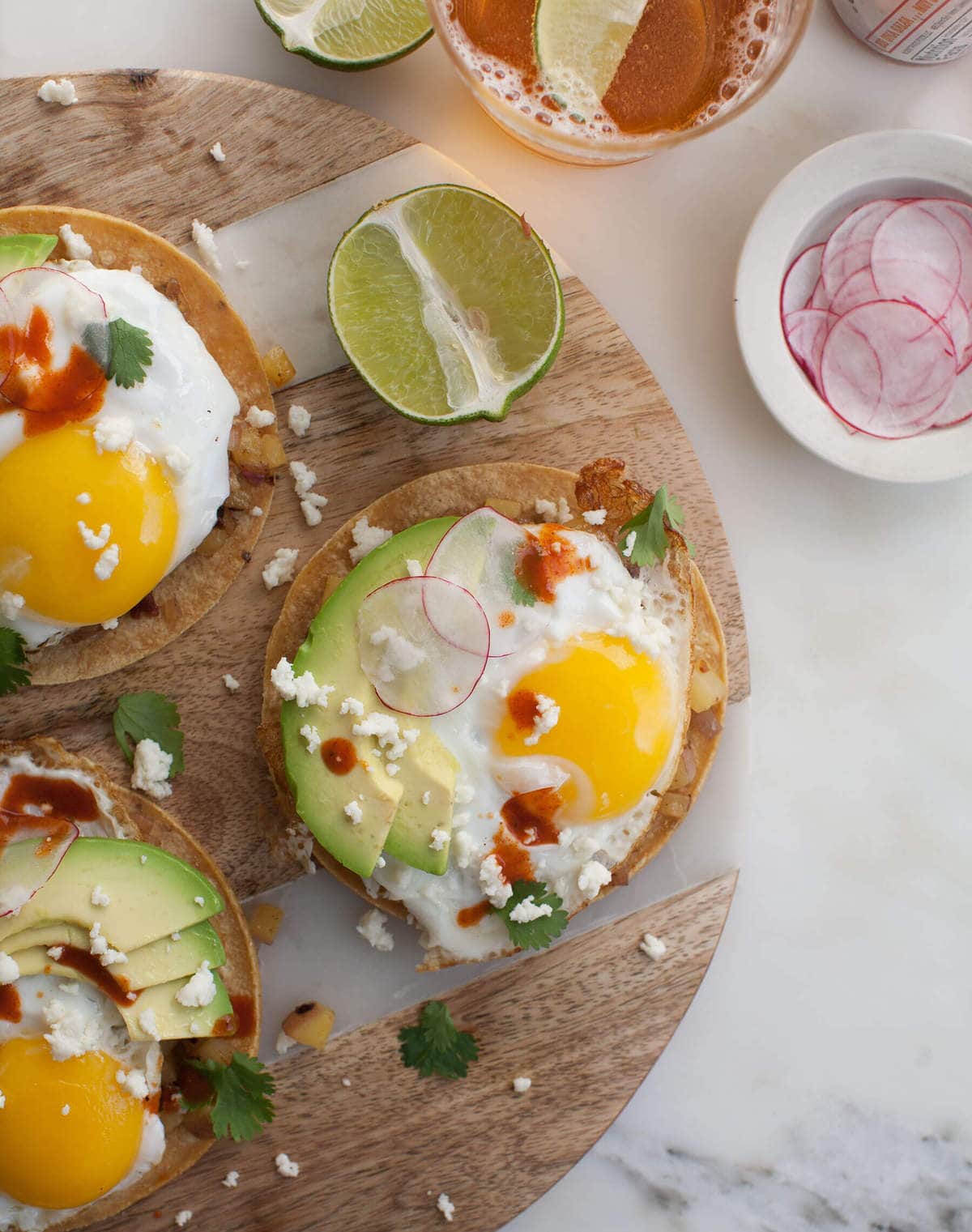 Breakfast Tacos on a cutting board. 