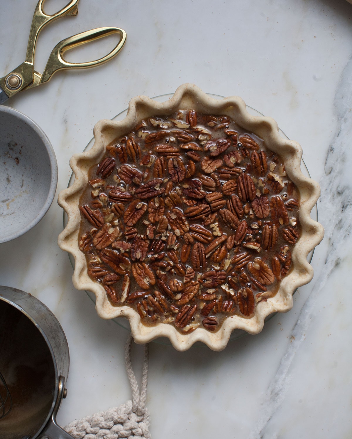 Black Bottom Pecan Pie pre-bake. 