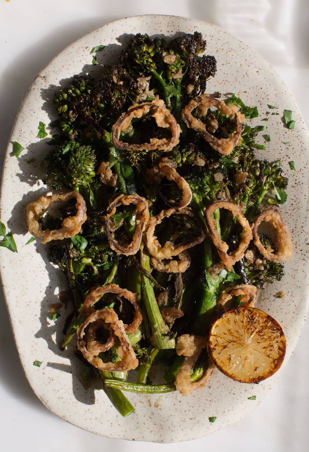 Roasted Broccoli Bagna Cauda with Crispy Shallots