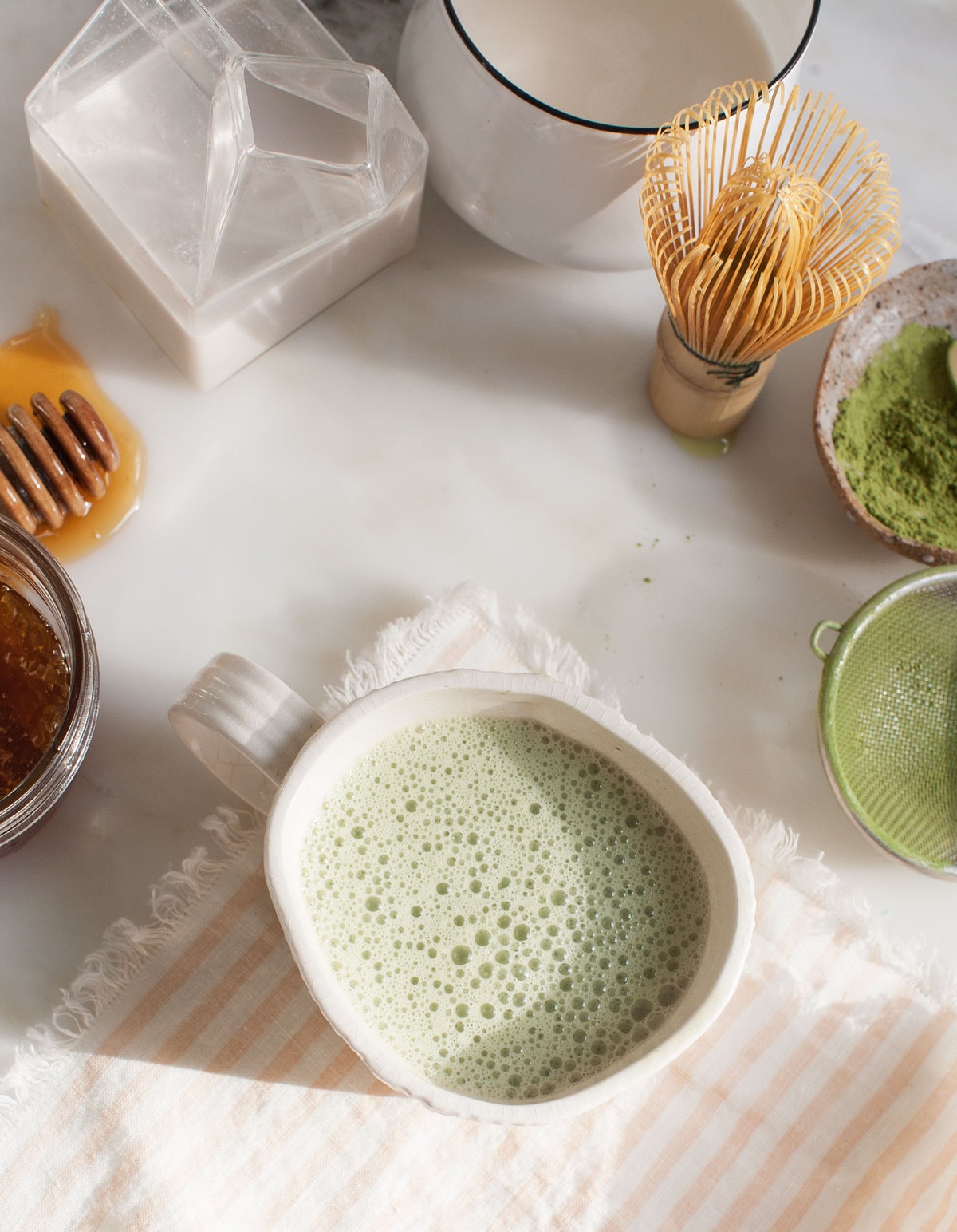 overhead shot of matcha in a cup