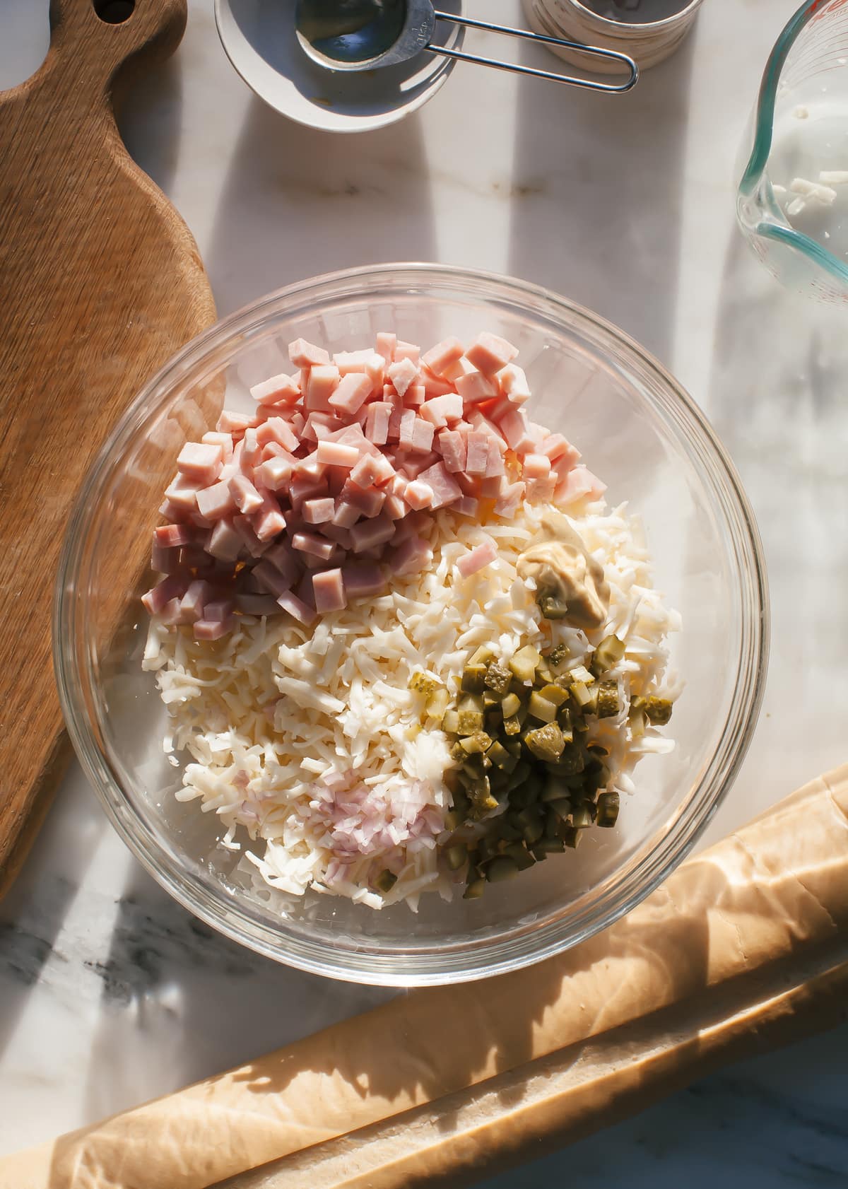 Ingredients all being mixed together in a bowl. 