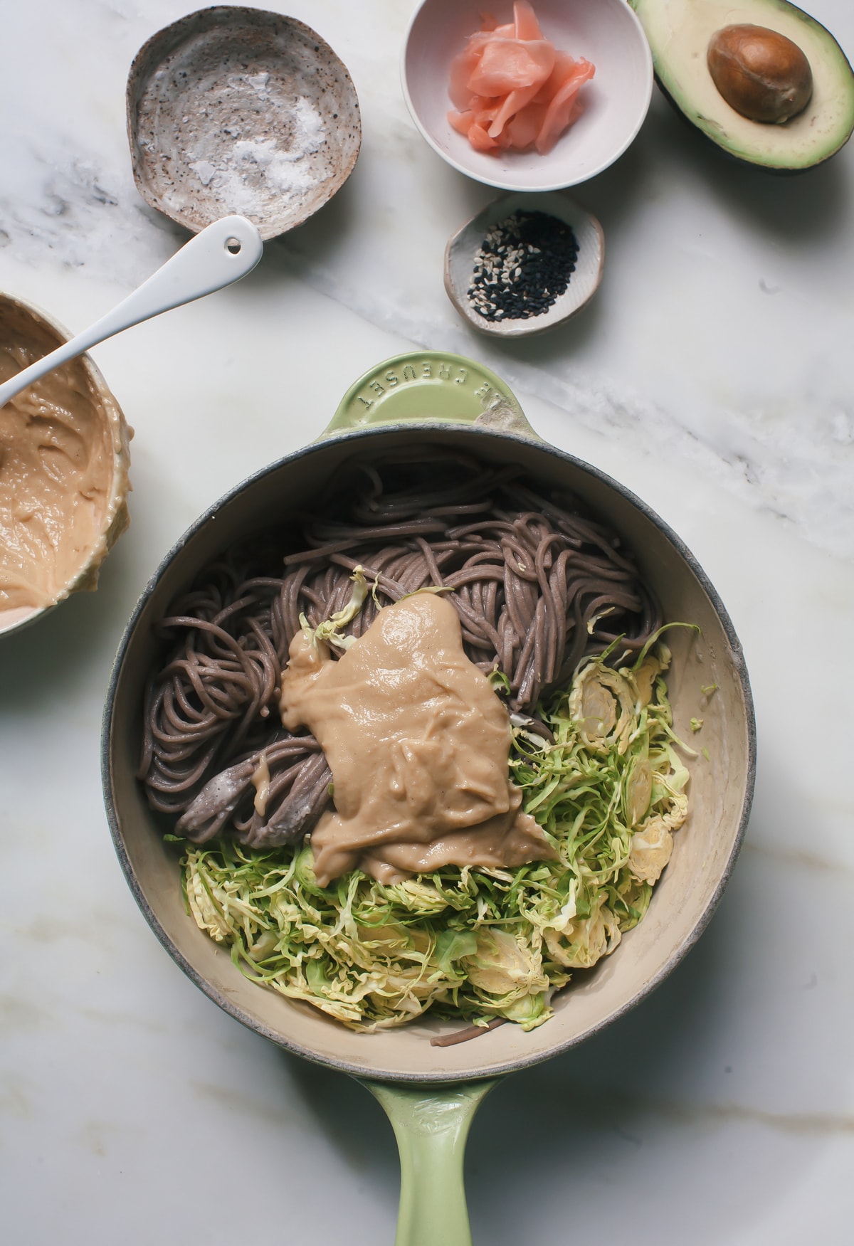 Soba Brussels Sprout Salad with Miso-Tahini Dressing