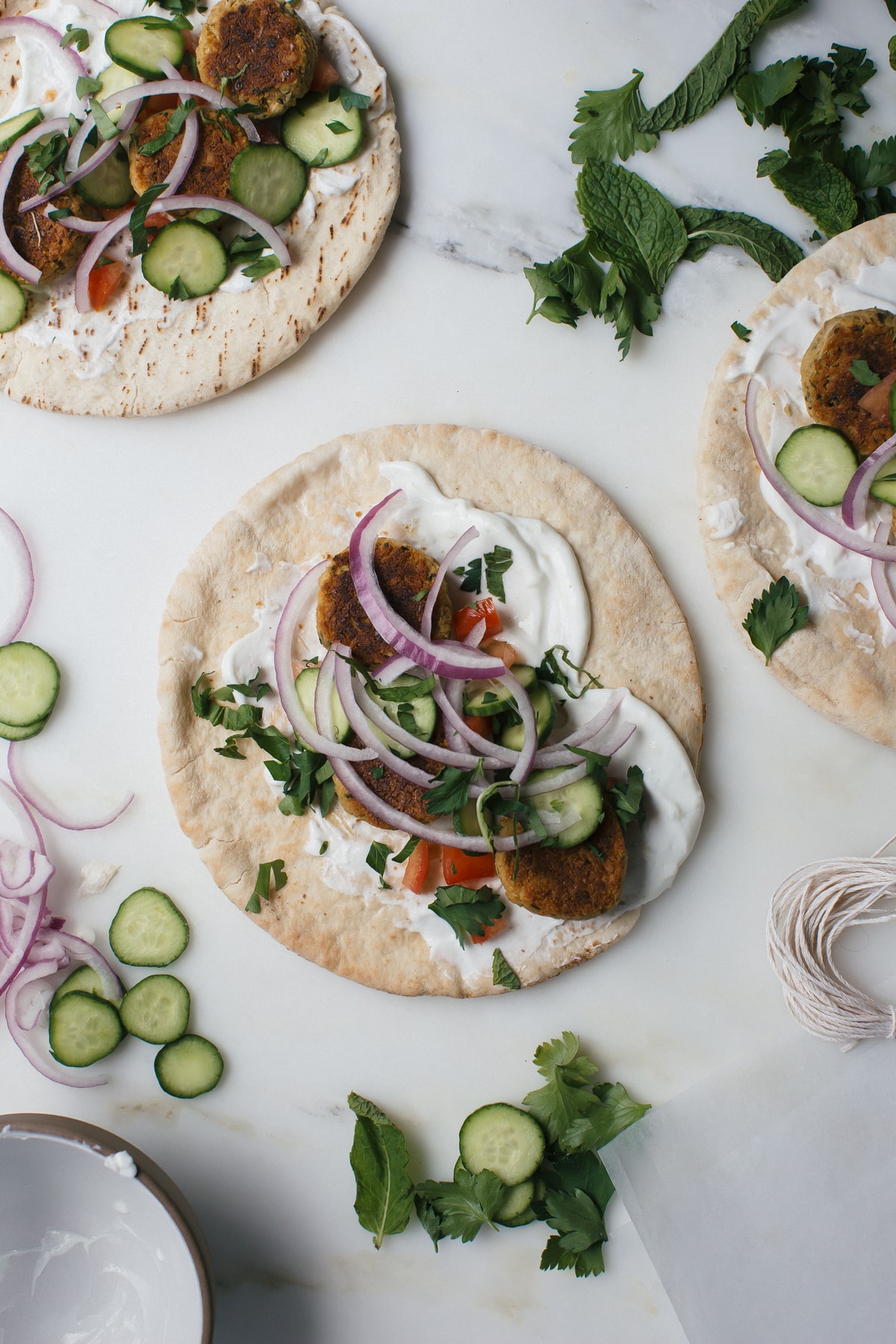 Baked Falafel Wraps with Garlic-y Labneh and Lots of Herbs