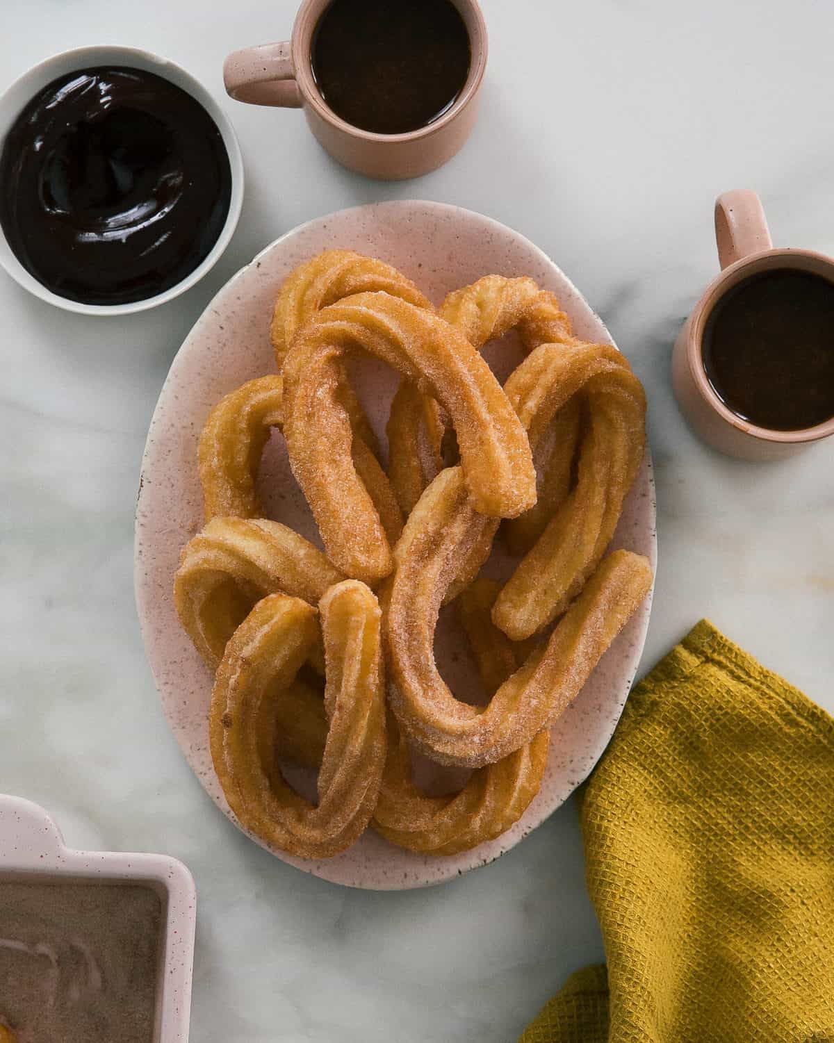 Churros on plate with chocolate sauce. 