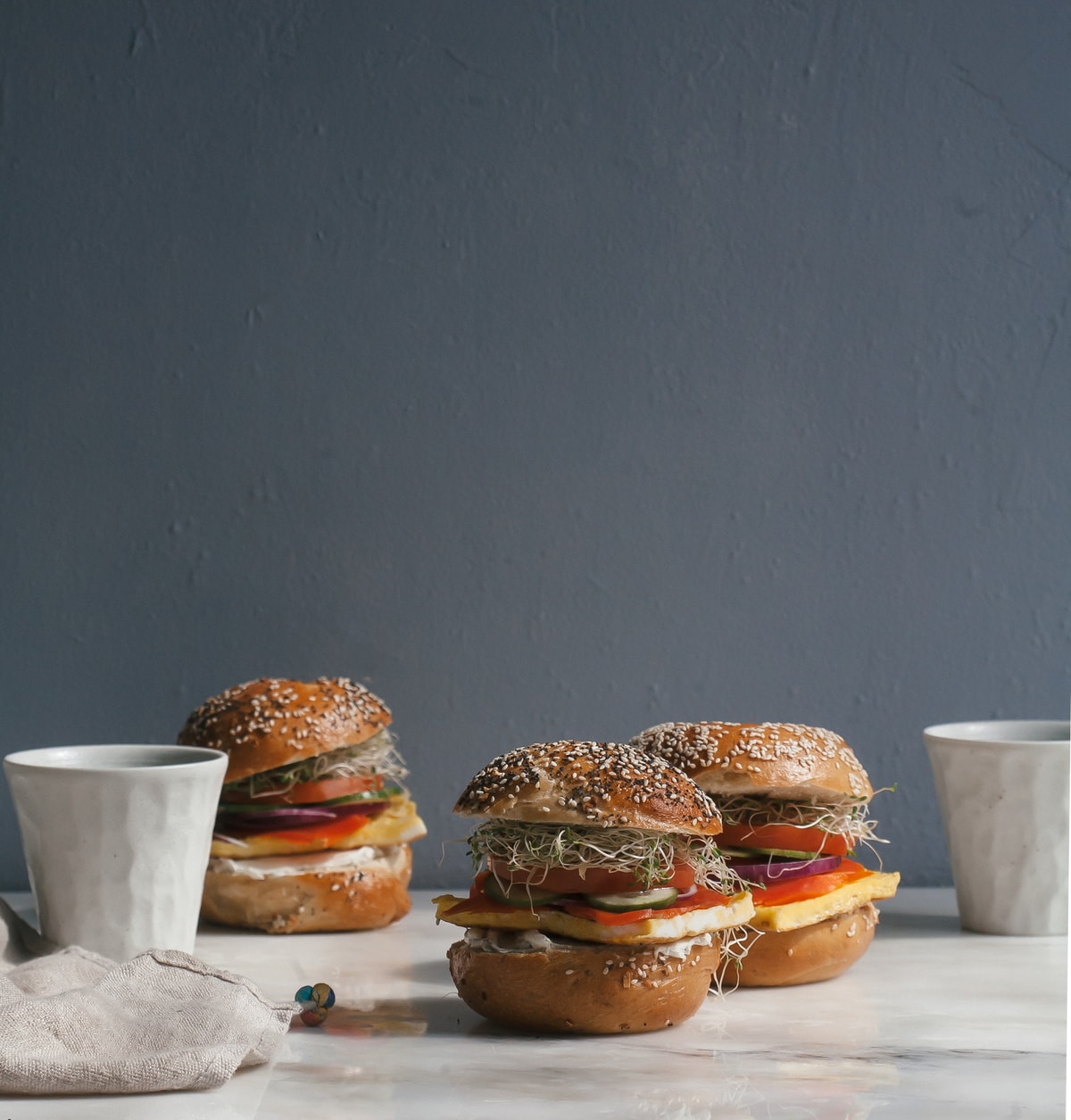 Bagel Sandwich on a counter. 