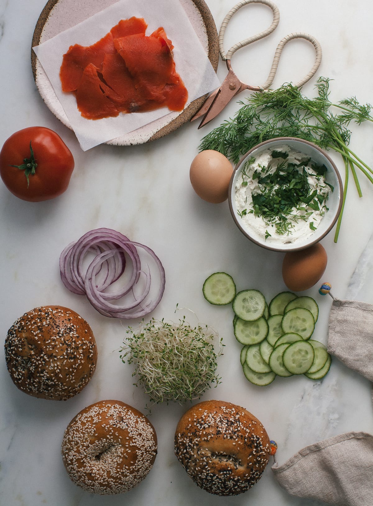 Ingredients for bagel sandwich. 