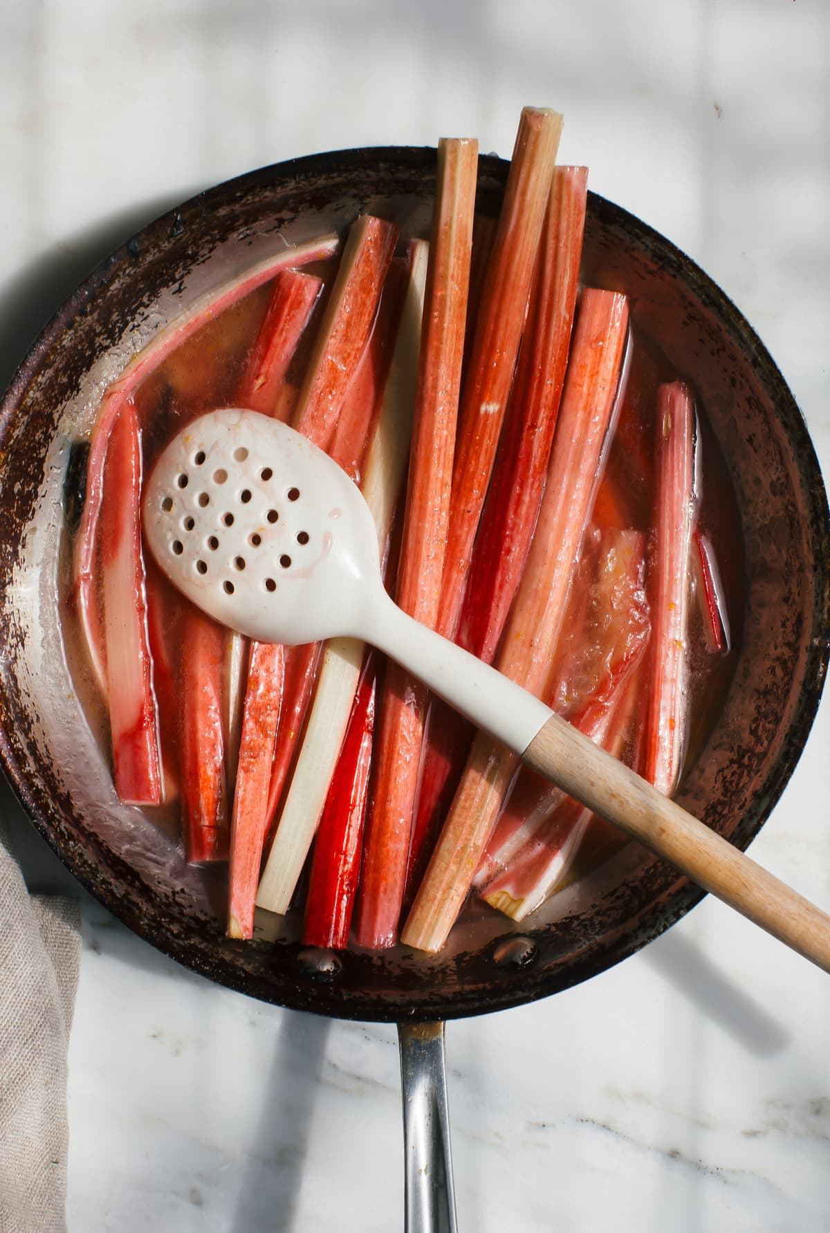 Cooked rhubarb in a skillet. 