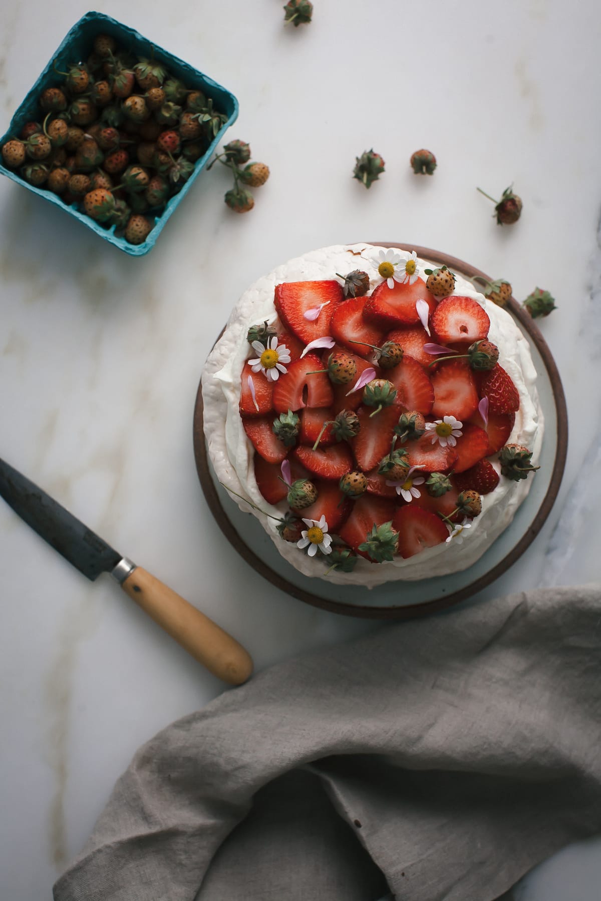 Overhead image of a meringue topped with whipped cream and fresh fruit. 