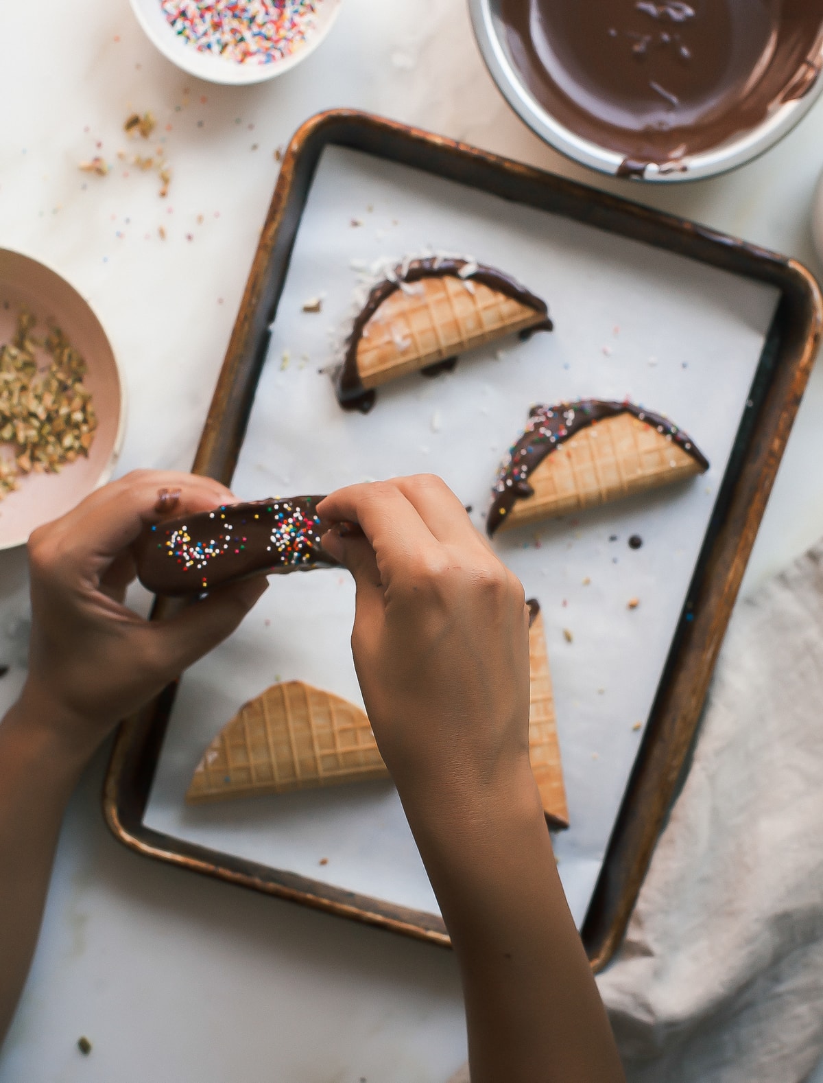 Garnishing Choco Tacos. 