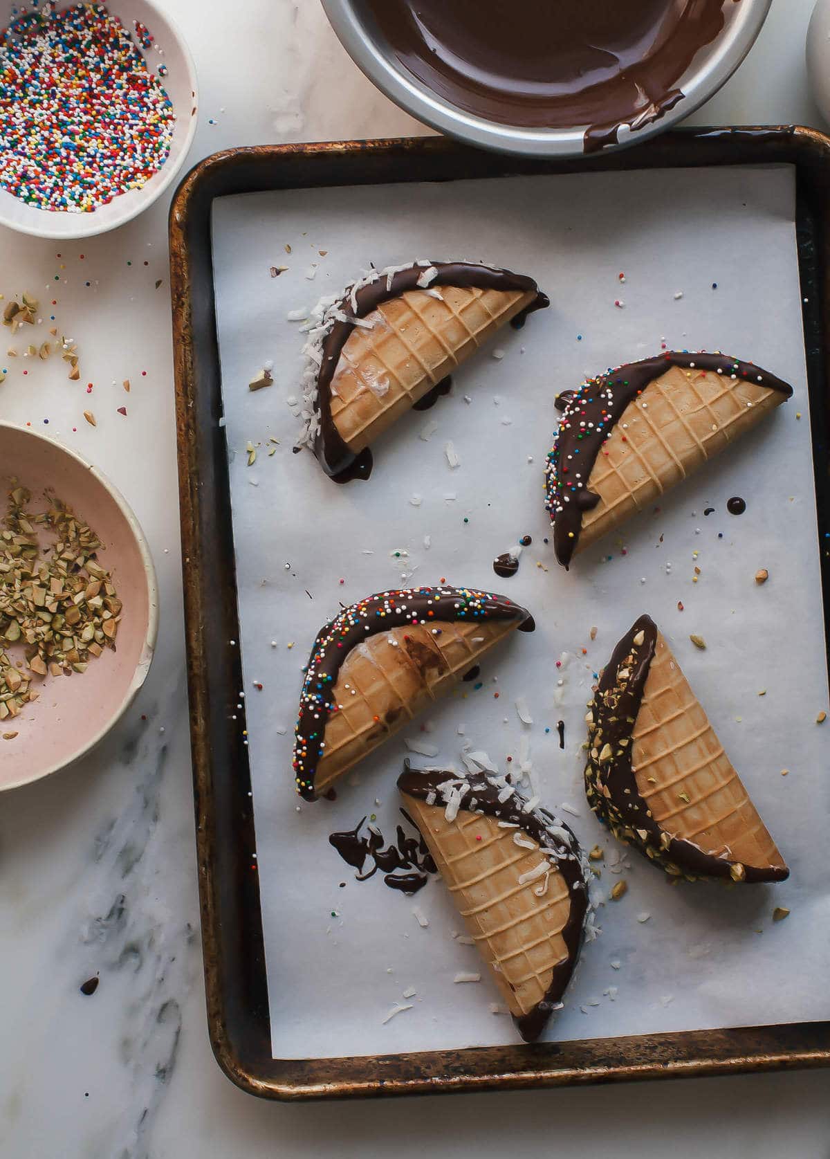 Homemade Choco Tacos on a baking sheet. 