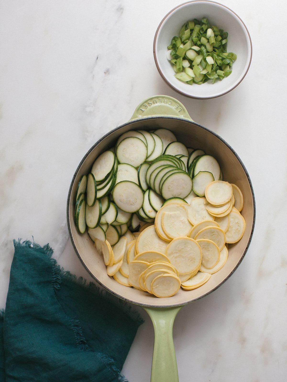 Sliced zucchini and squash in a skillet.