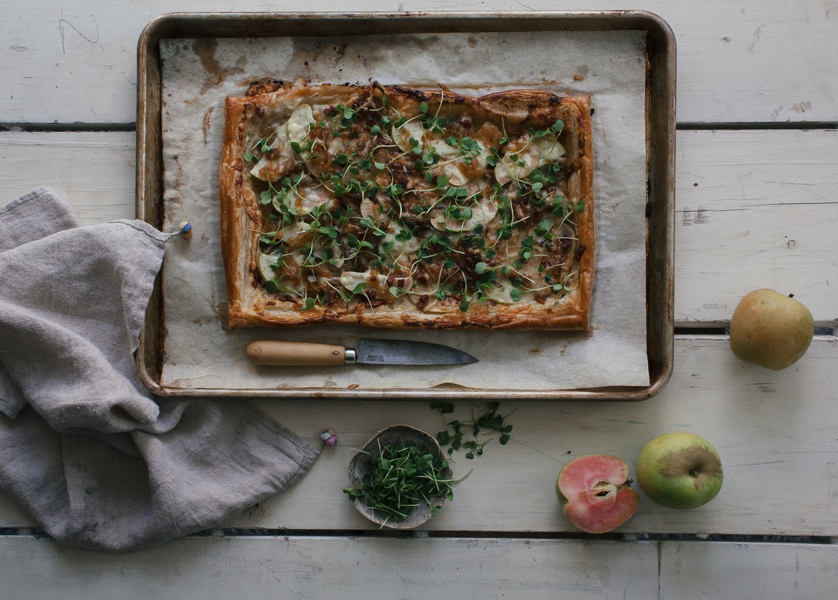 Fancy Apple Gruyere Tart with Caramelized Onions and Pancetta