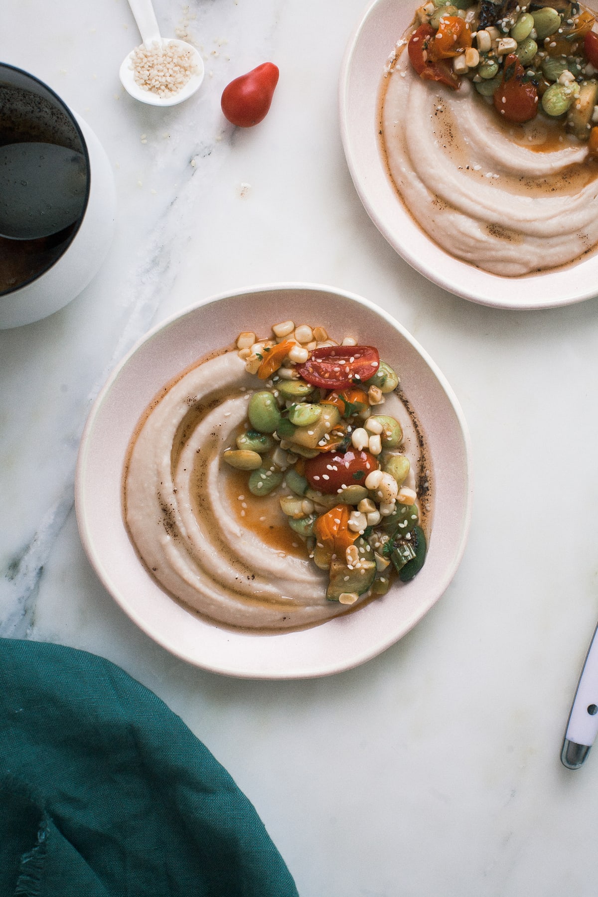 Summer Succotash with White Bean Puree and Brown Butter in a bowl. 