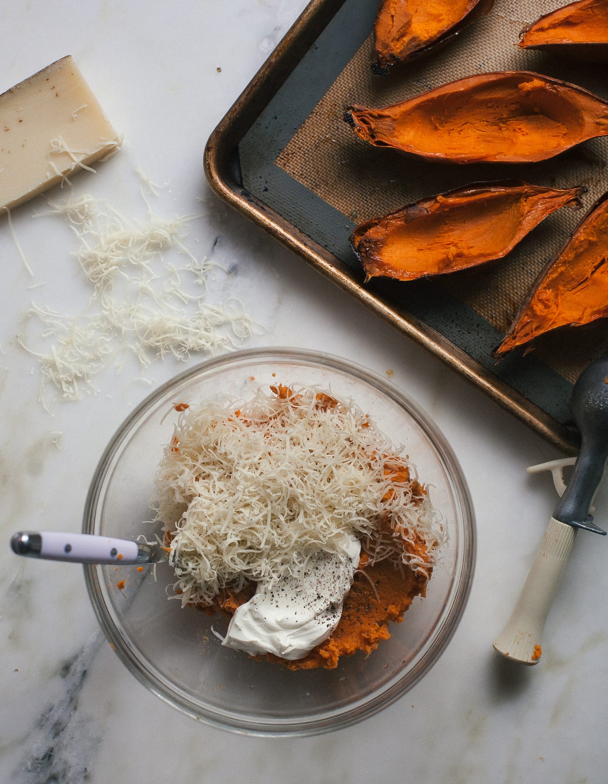 Double Baked Sweet Potato with Caramelized Onions + Comté + Rosemary Butter