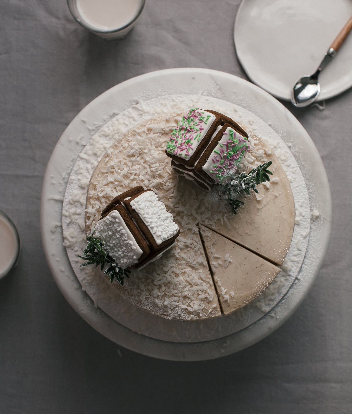 Overhead view of a decorated cake.