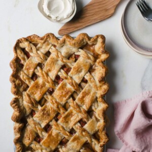 Overhead image of rhubarb slab pie in a pie pan.