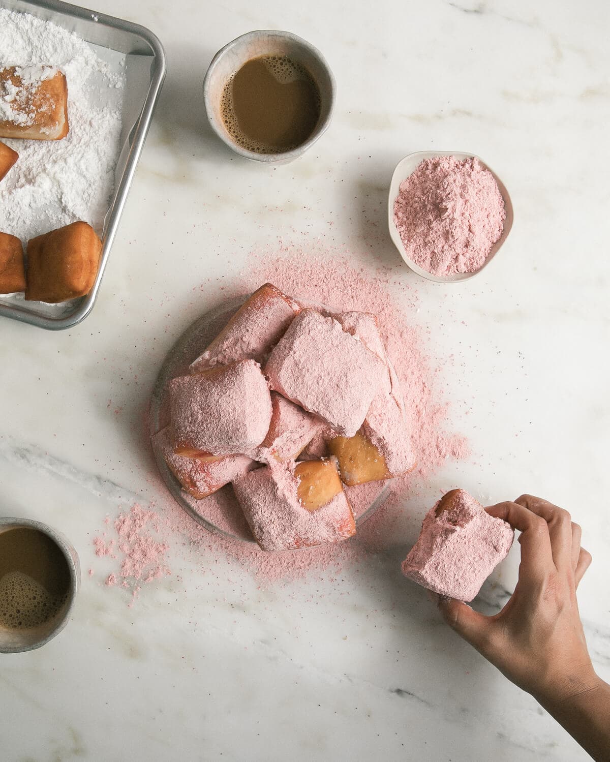 Overnight Beignets with Strawberry Powdered Sugar