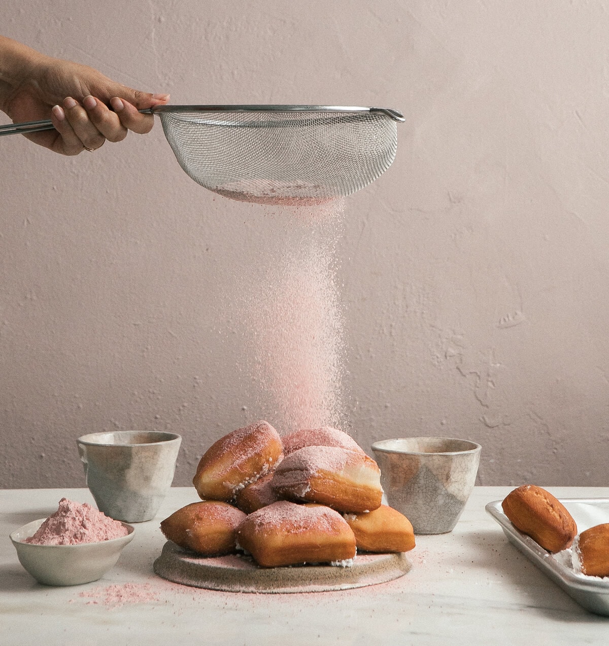 Overnight Beignets with Strawberry Powdered Sugar