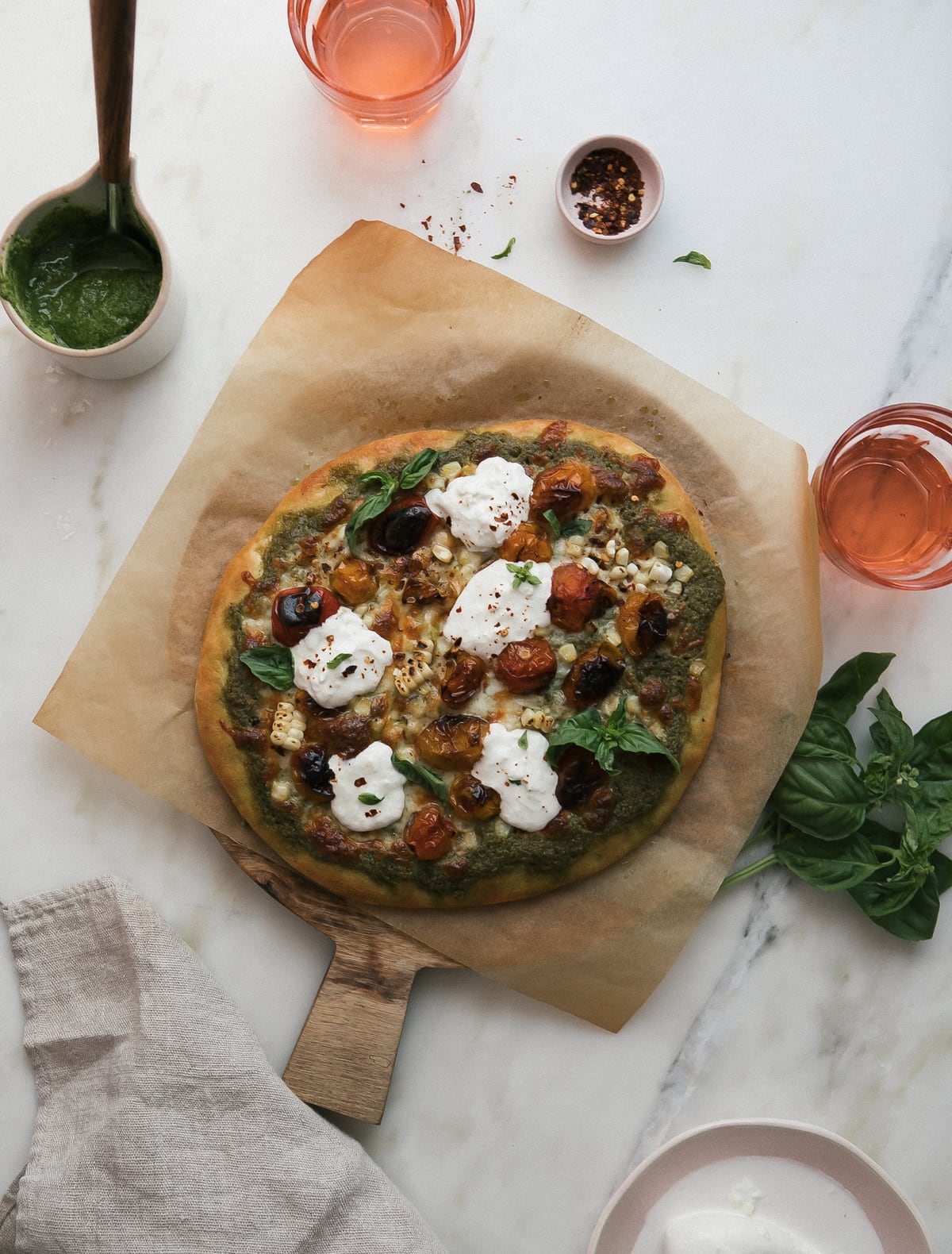 blistered tomatoes + corn + burrata pizza