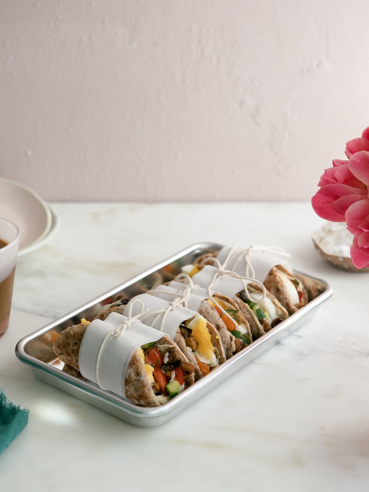 Sabich sandwiches on a tray. 