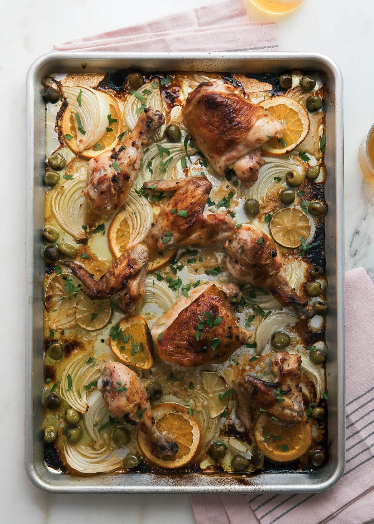 Overhead image of finished mojo sheet pan chicken.