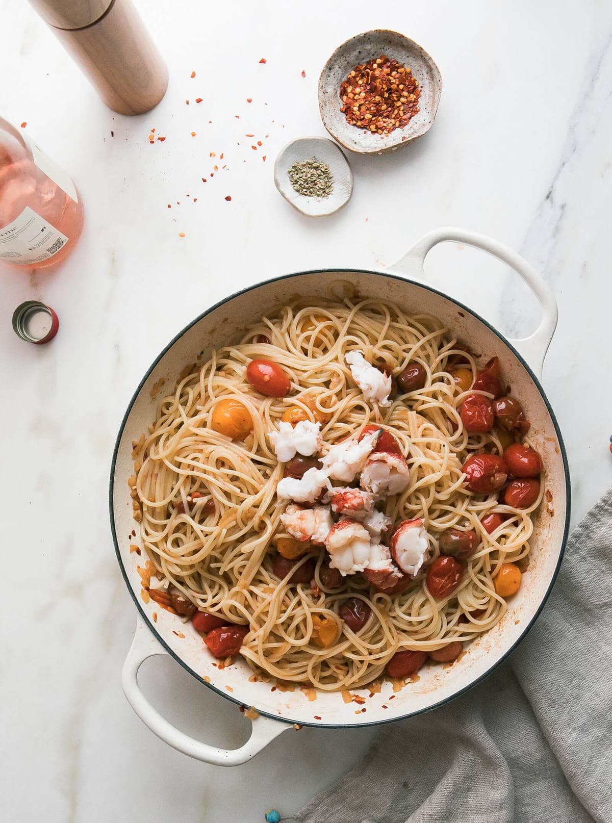 Lobster pasta in a pot. 