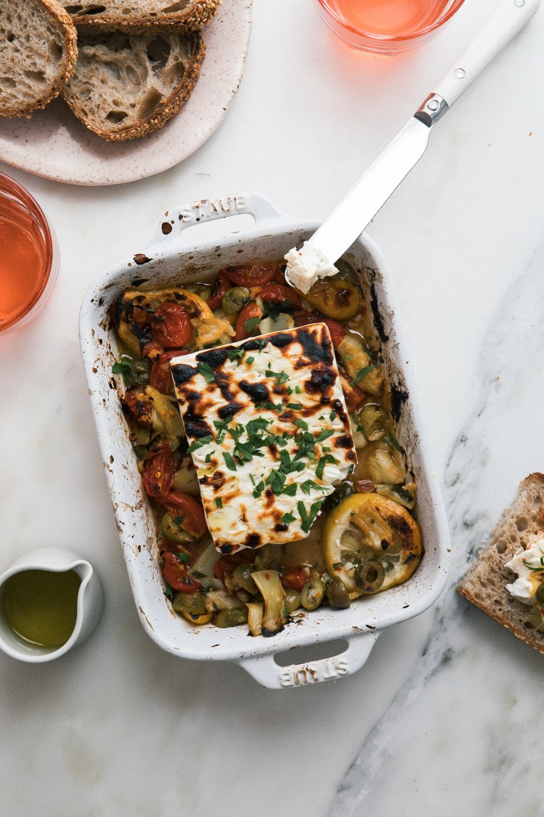 Warm Baked Feta with Cherry Tomatoes + Artichokes + Olives A Cozy Kitchen