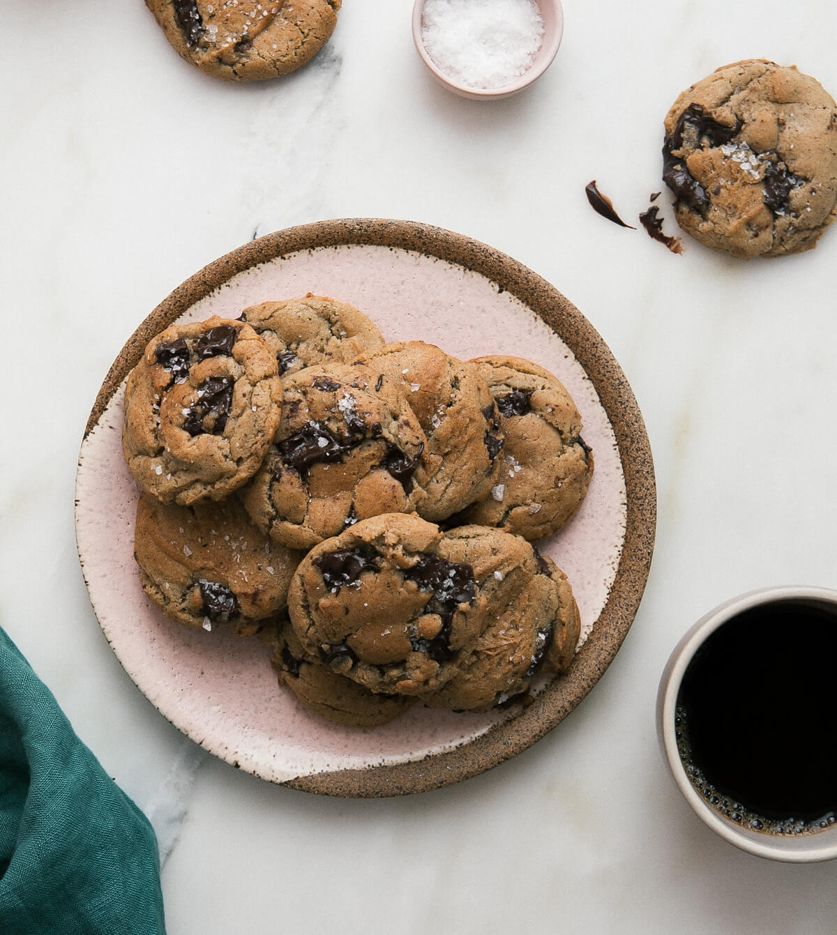 Espresso Chocolate Chip Cookies on a plate. 