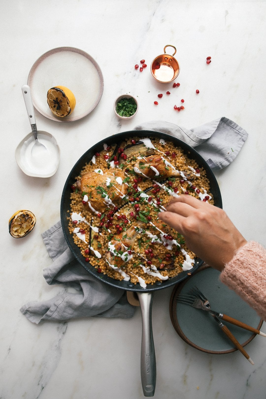 Harissa Chicken over Fluffy Couscous + Pomegranate + Yogurt A Cozy