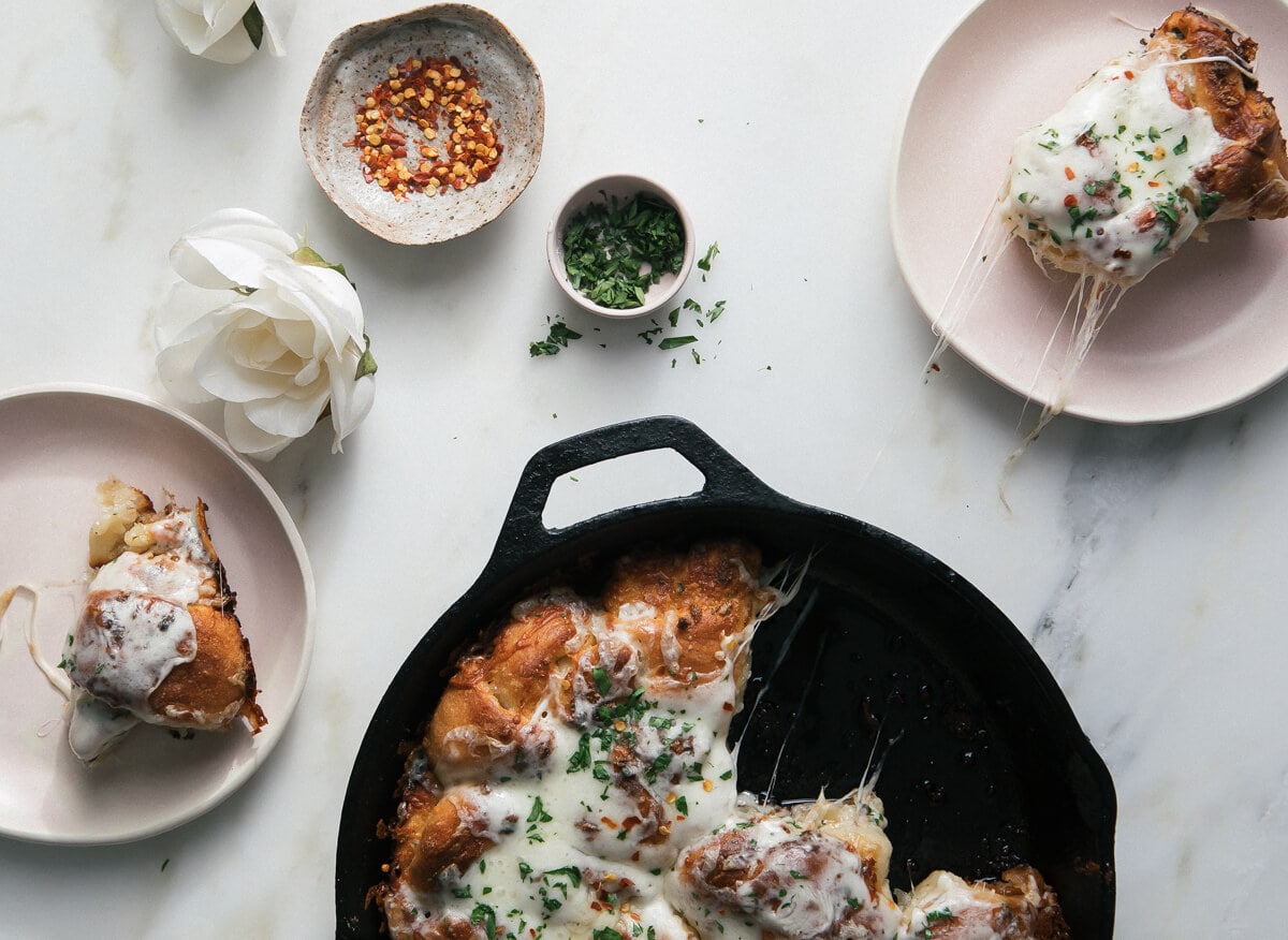 Cheesy Roasted Garlic Knots in pan. 