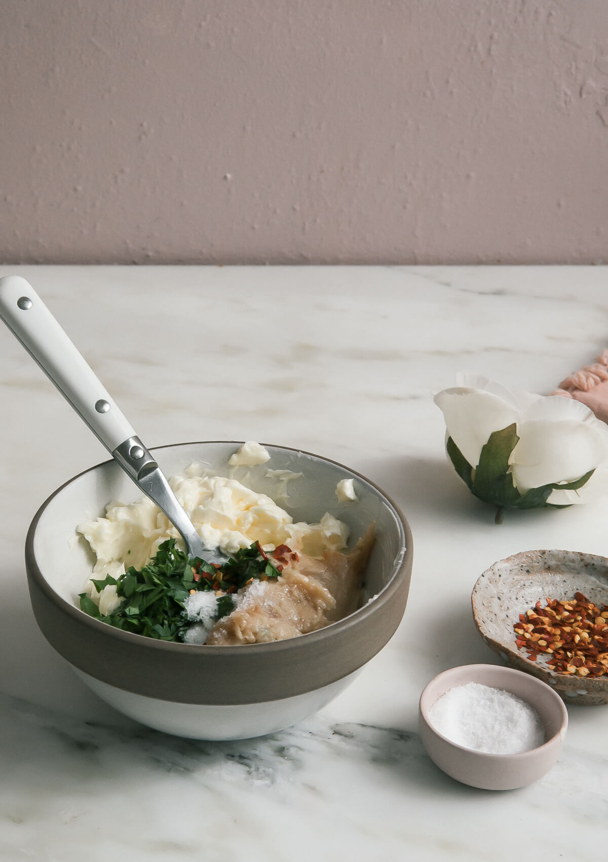 Garlic butter all smashed together in a bowl. 