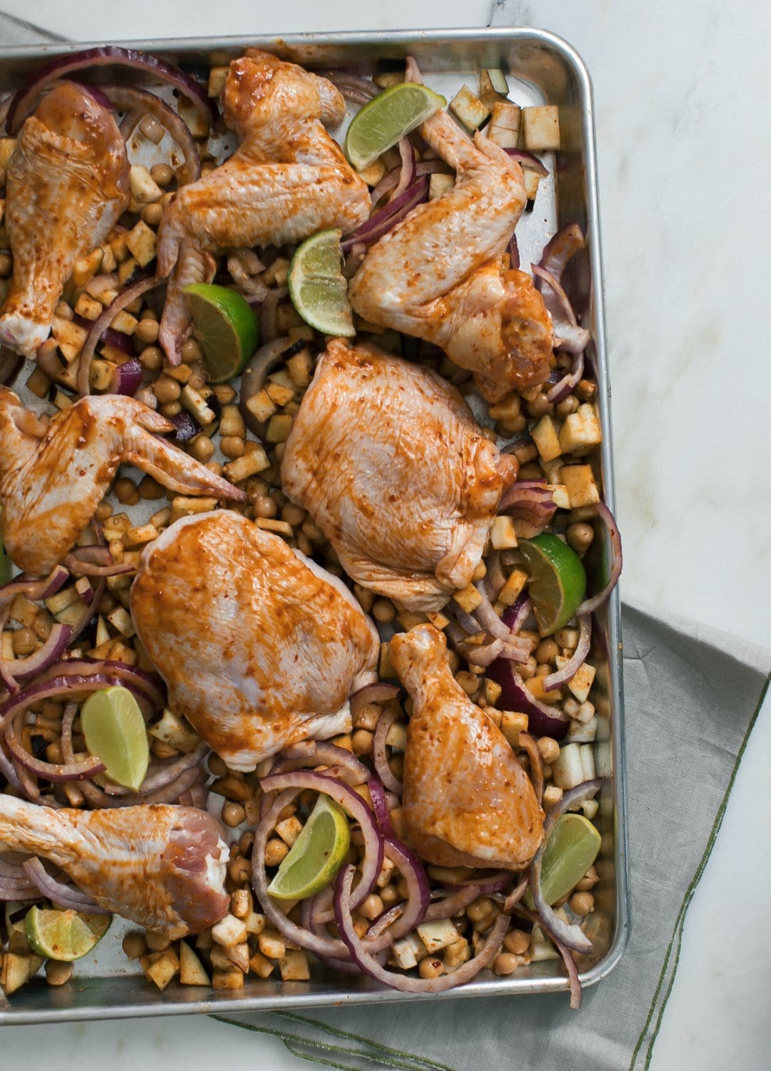 Sheet Pan Harissa Chicken with Chickpeas + Eggplant A Cozy Kitchen