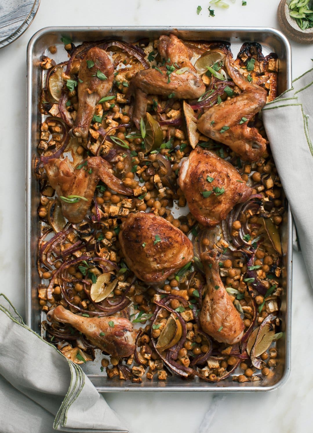 Sheet Pan Harissa Chicken with Chickpeas + Eggplant A Cozy Kitchen