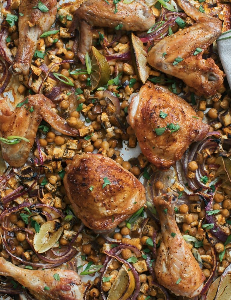Sheet Pan Harissa Chicken with Chickpeas + Eggplant A Cozy Kitchen