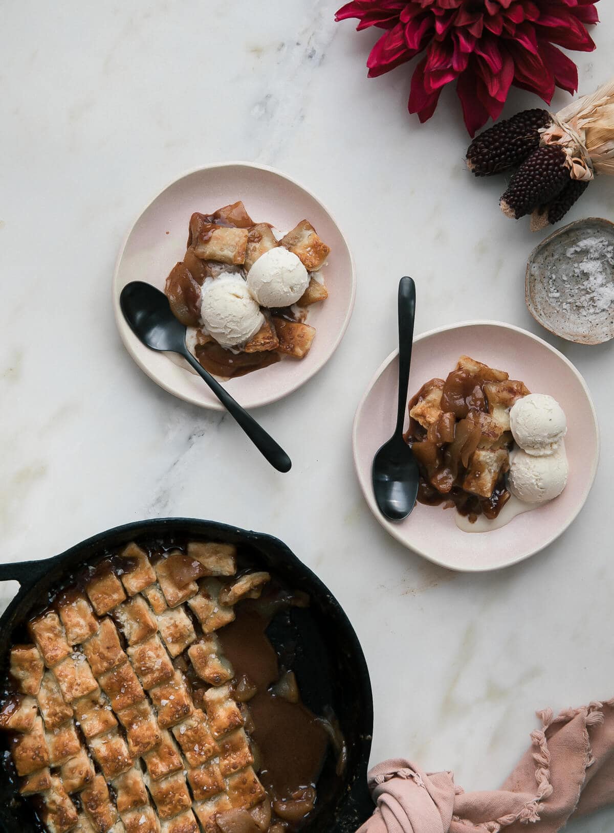 Plates of apple pandowdy. 